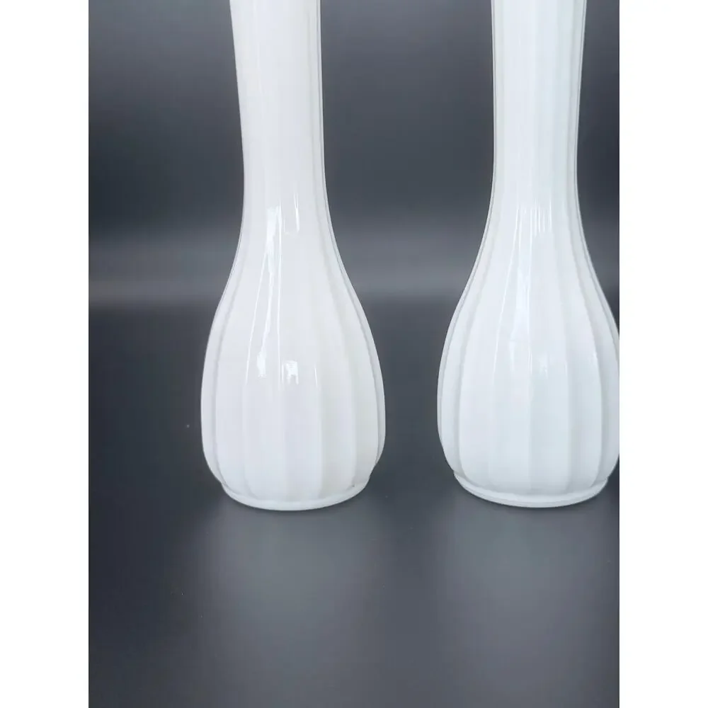 Vintage CLG Co Milk Glass Bud Vases Set of 2 Fluted Scalloped Rim 9.25in